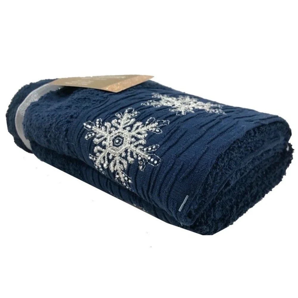 Glitz & Glimmer Christmas Hand Towels Snowflakes Embroidered Bath Navy Set of 2